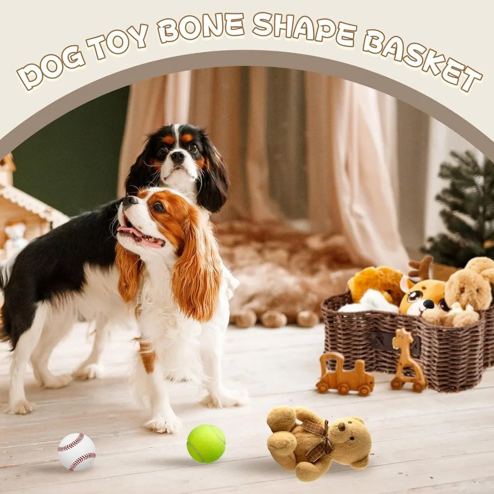2 Set Large Small Dog Toy Basket with Lid Bone Shaped Basket for Dog Natural Wicker Woven Handmade Pet Puppy Toy Organizer and