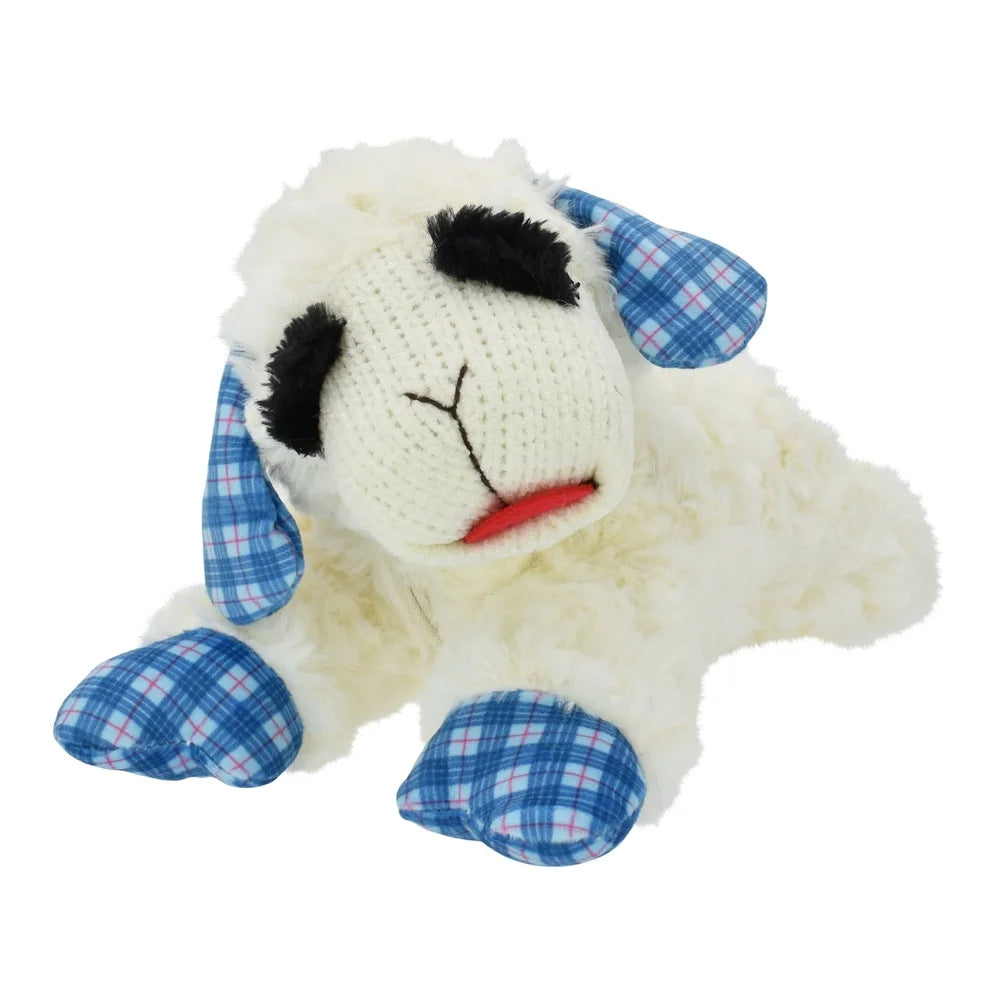 Medium Lamb Chop Dog Toy with Squeaker Blue Plaid Ears and Paws Perfect Fetch Cuddling Playtime Entertainment
