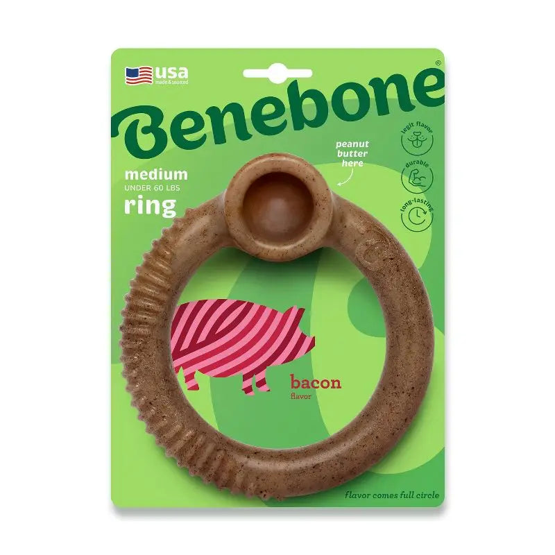 Bacon Flavored Dog Chew Toy with Peanut Butter Pocket Ring Bone for Aggressive Chewers Real Meat Scented Puppy Teething Toy