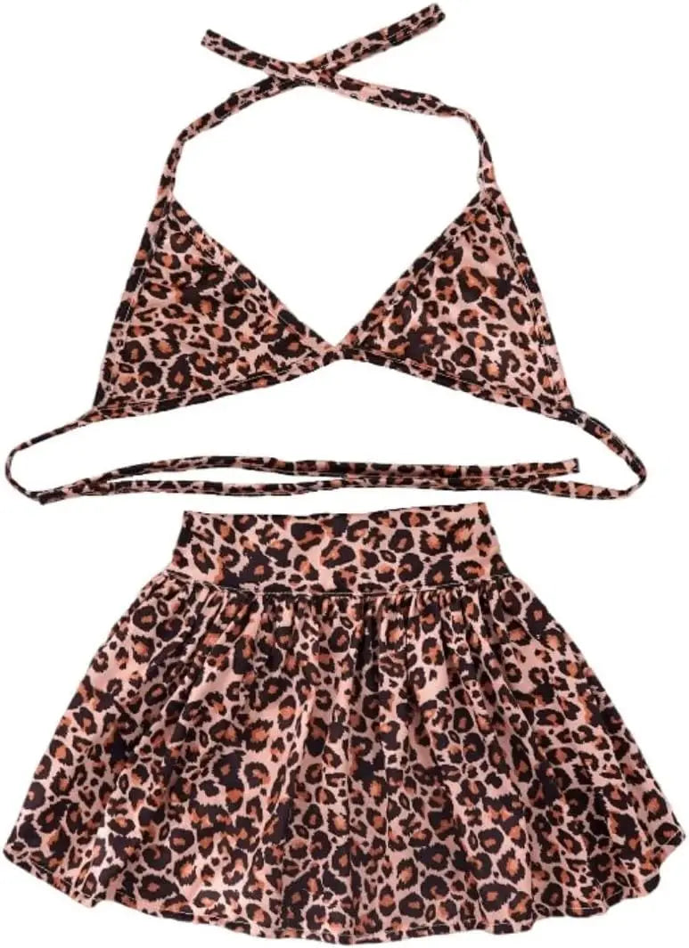 Pet Summer Dress Set Dog Bikini 2 Piece Halter Top and Skirt Colorful Leopard or Tropical Print Lightweight Breathable Outfit