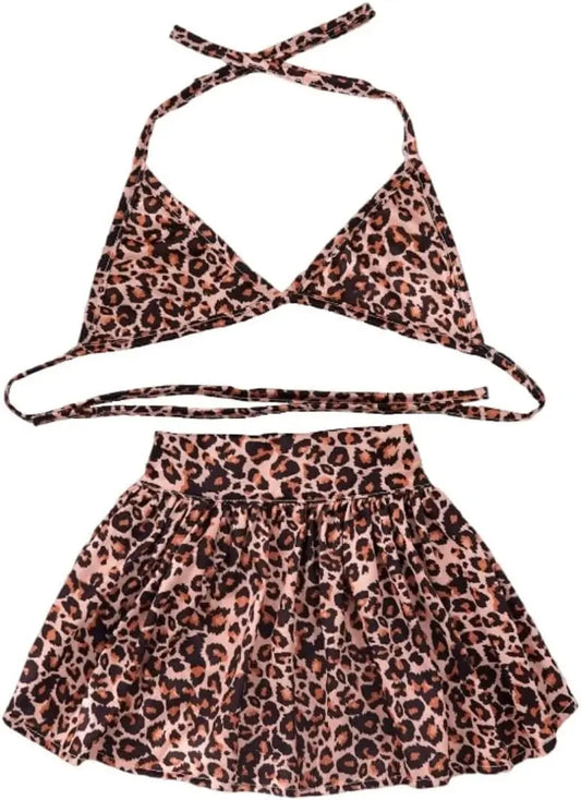 Pet Summer Dress Set Dog Bikini 2 Piece Halter Top and Skirt Colorful Leopard or Tropical Print Lightweight Breathable Outfit