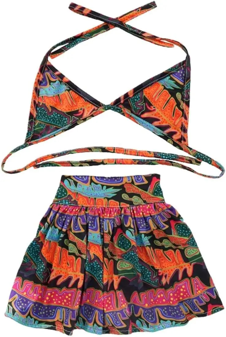 Pet Summer Dress Set Dog Bikini 2 Piece Halter Top and Skirt Colorful Leopard or Tropical Print Lightweight Breathable Outfit