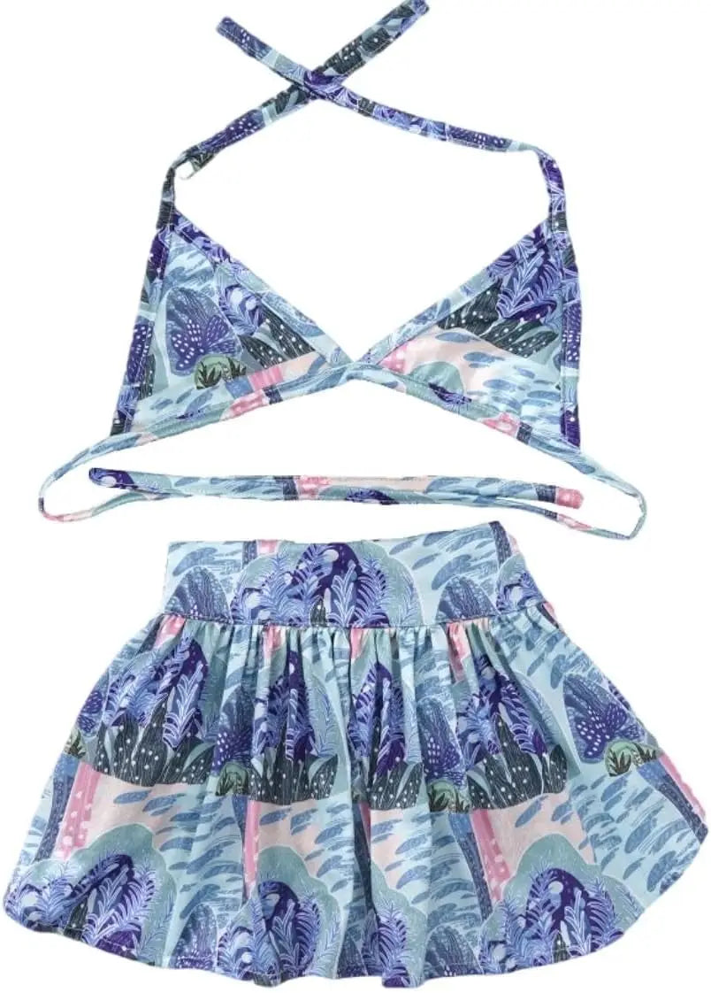 Pet Summer Dress Set Dog Bikini 2 Piece Halter Top and Skirt Colorful Leopard or Tropical Print Lightweight Breathable Outfit