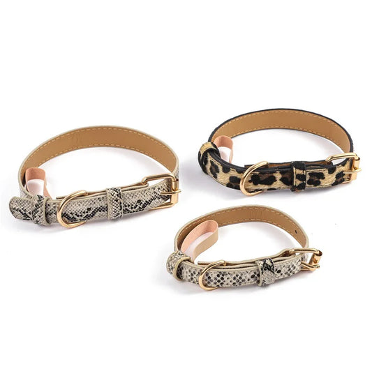 Leopard & Snake Pattern Pet Collars – Adjustable Faux Leather Dog and Cat Collars with Gold Buckle