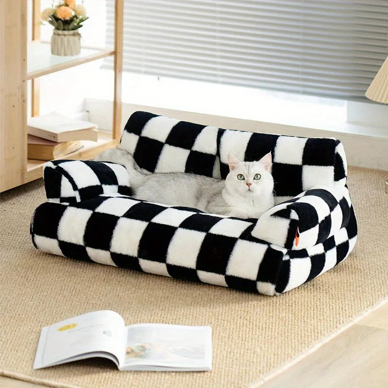 Washable Pet Sofa Bed 22.4", Plush Dog & Cat Couch with Non-Slip Base, Plaid Design for Small/Medium Pets