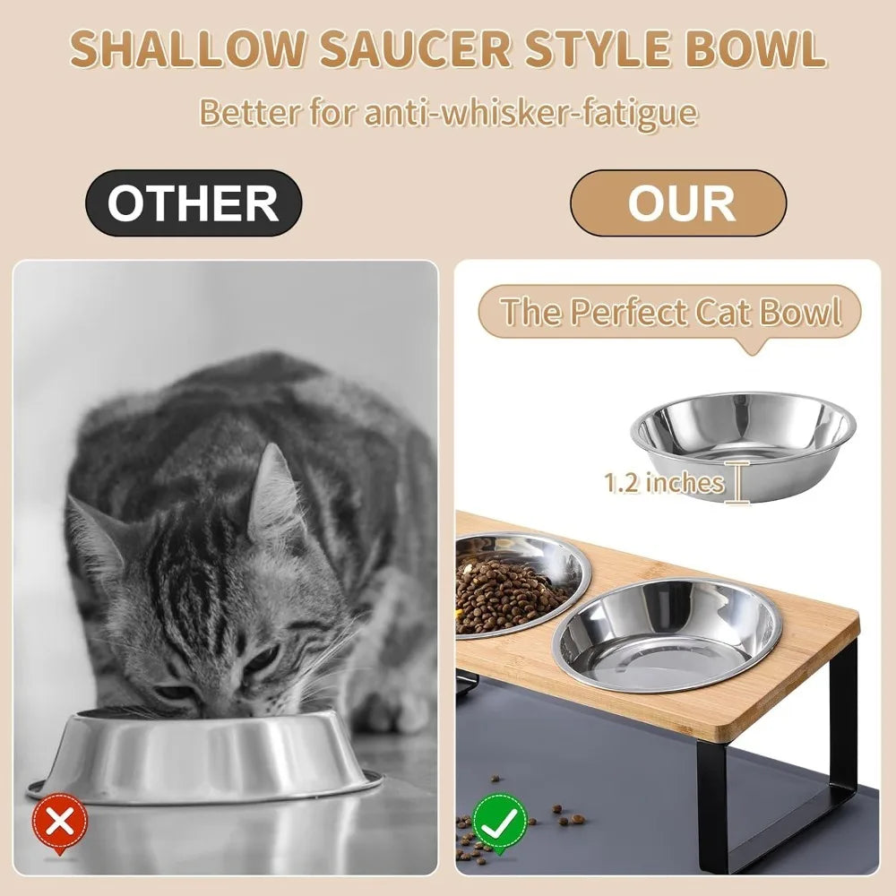 Upgraded Elevated Cat Bowls with Food Mat,15°Tilted Stand Anti Vomiting Raised Cat Dishes for Food and Water,2 Stainless Steel B