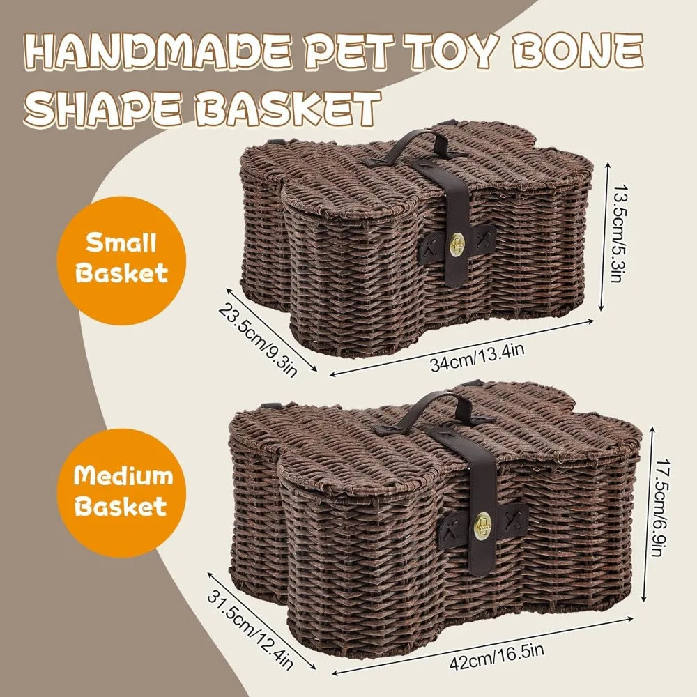 2 Set Large Small Dog Toy Basket with Lid Bone Shaped Basket for Dog Natural Wicker Woven Handmade Pet Puppy Toy Organizer and