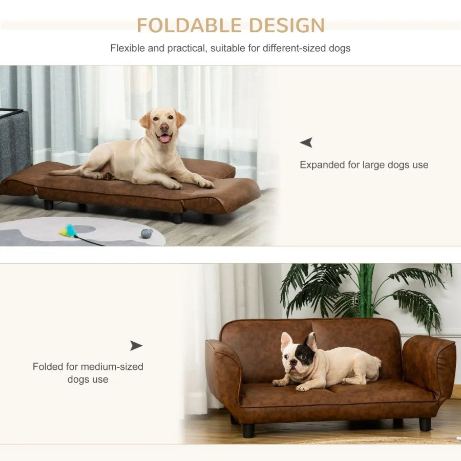 PawHut Pet Sofa Dog Bed Couch Foldable Cat Lounger PU Leather Cover for Small Large Sized Animals 39 x 21.75 x 17.75 Brown
