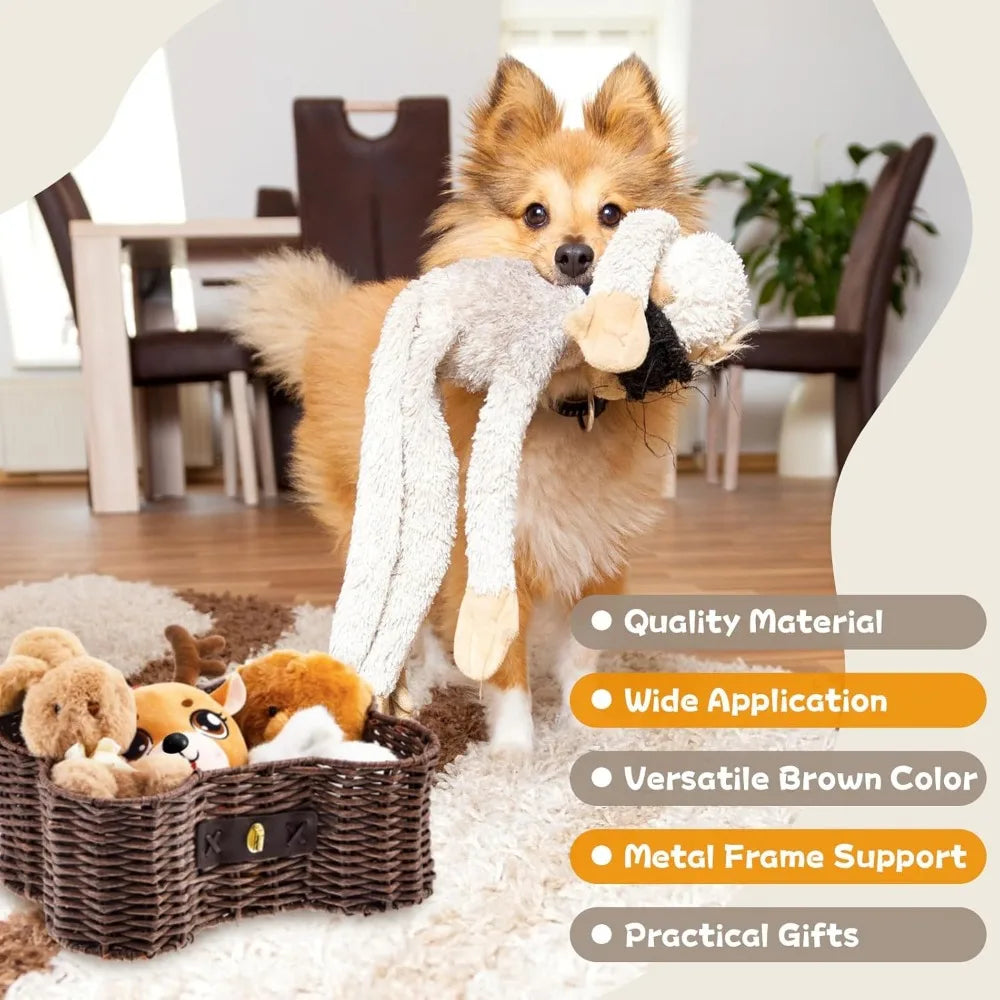 2 Set Large Small Dog Toy Basket with Lid Bone Shaped Basket for Dog Natural Wicker Woven Handmade Pet Puppy Toy Organizer and