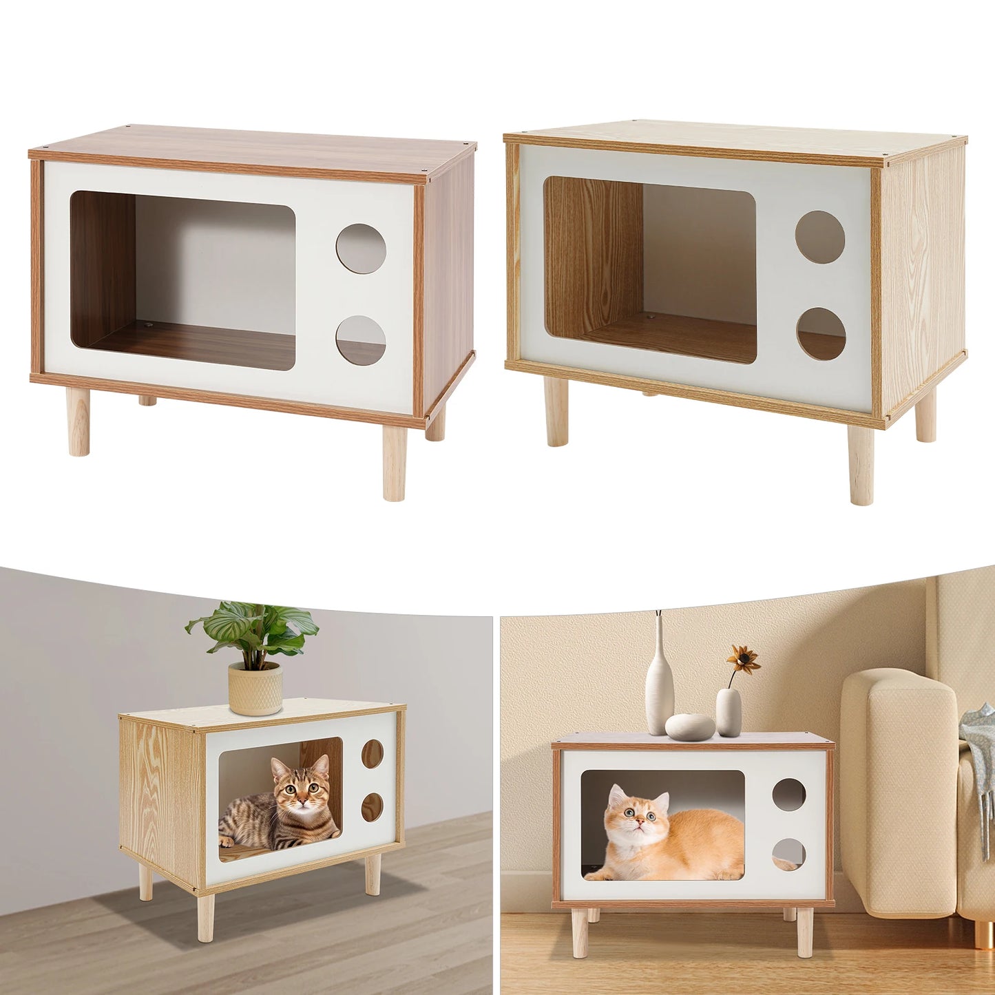 Cat House Wooden TV-Shaped Cat Bed 165.35lbs Load-Capacity Wear-Resistant Odorless 50*29*40cm Cat Condo for Small Pet