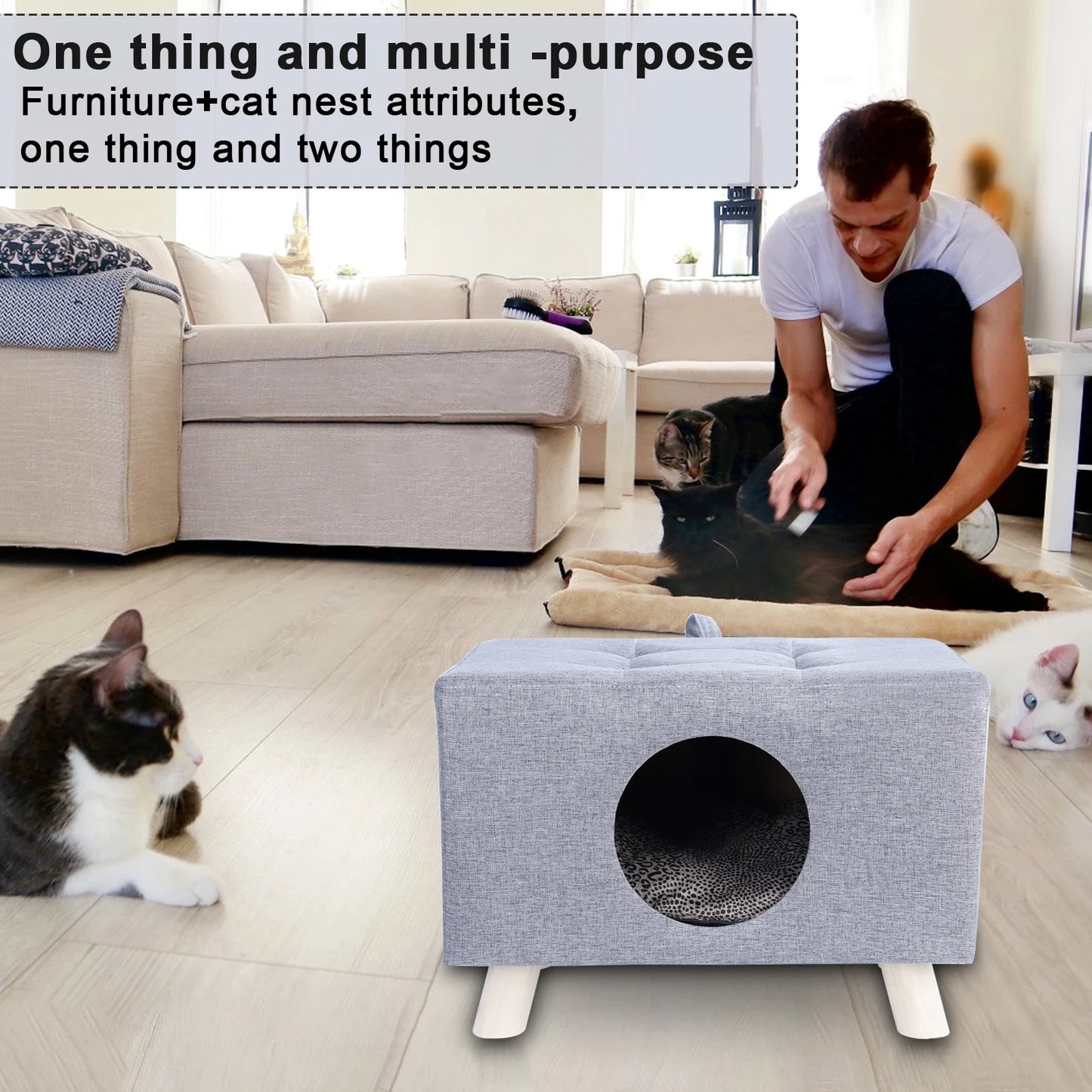 Cat Nest, Pet House Bench, Wood Pet House Cat Cave with Mat, Pet House Foot Rest Stool with Cushion, Cube House for Cats dogs