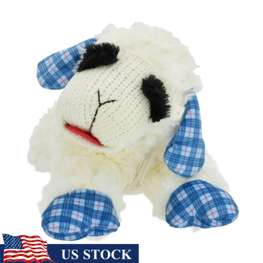 Medium Lamb Chop Dog Toy with Squeaker Blue Plaid Ears and Paws Perfect Fetch Cuddling Playtime Entertainment