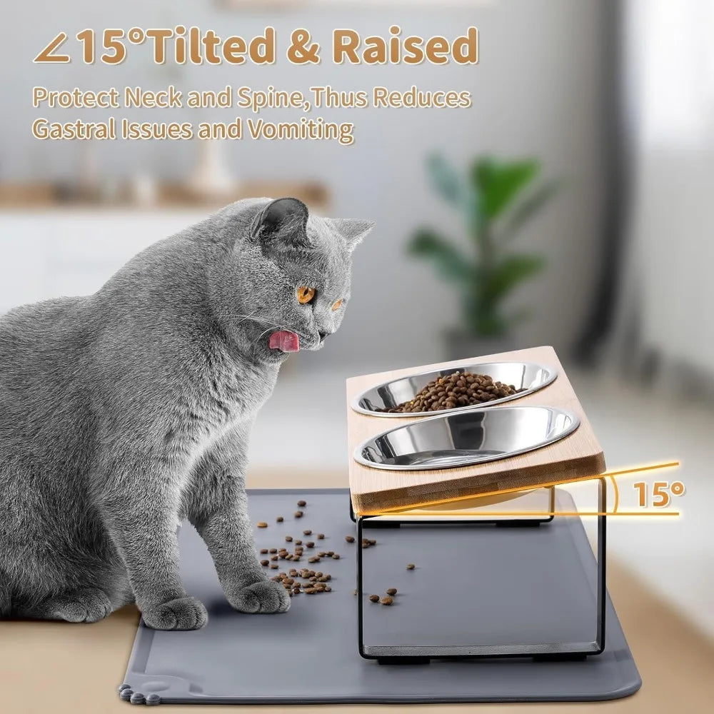 Upgraded Elevated Cat Bowls with Food Mat,15°Tilted Stand Anti Vomiting Raised Cat Dishes for Food and Water,2 Stainless Steel B