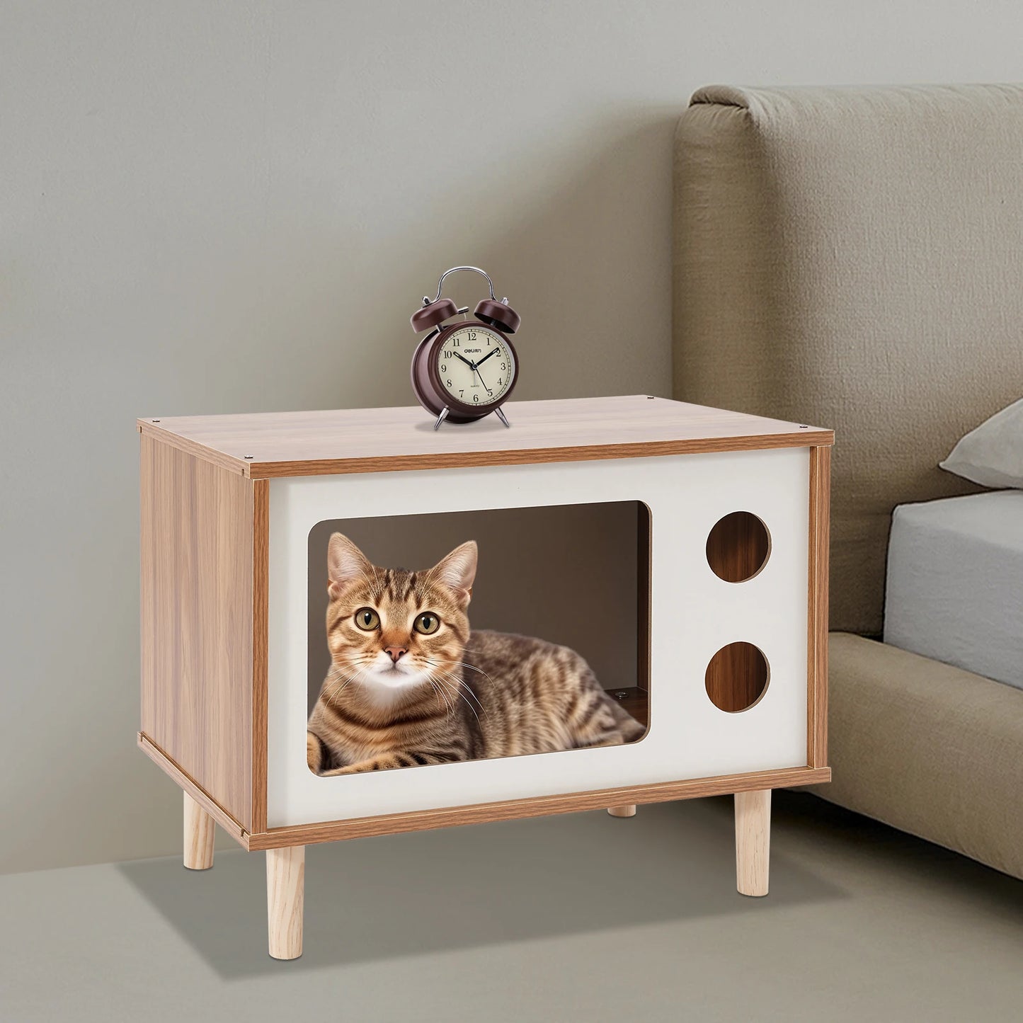 Cat House Wooden TV-Shaped Cat Bed 165.35lbs Load-Capacity Wear-Resistant Odorless 50*29*40cm Cat Condo for Small Pet