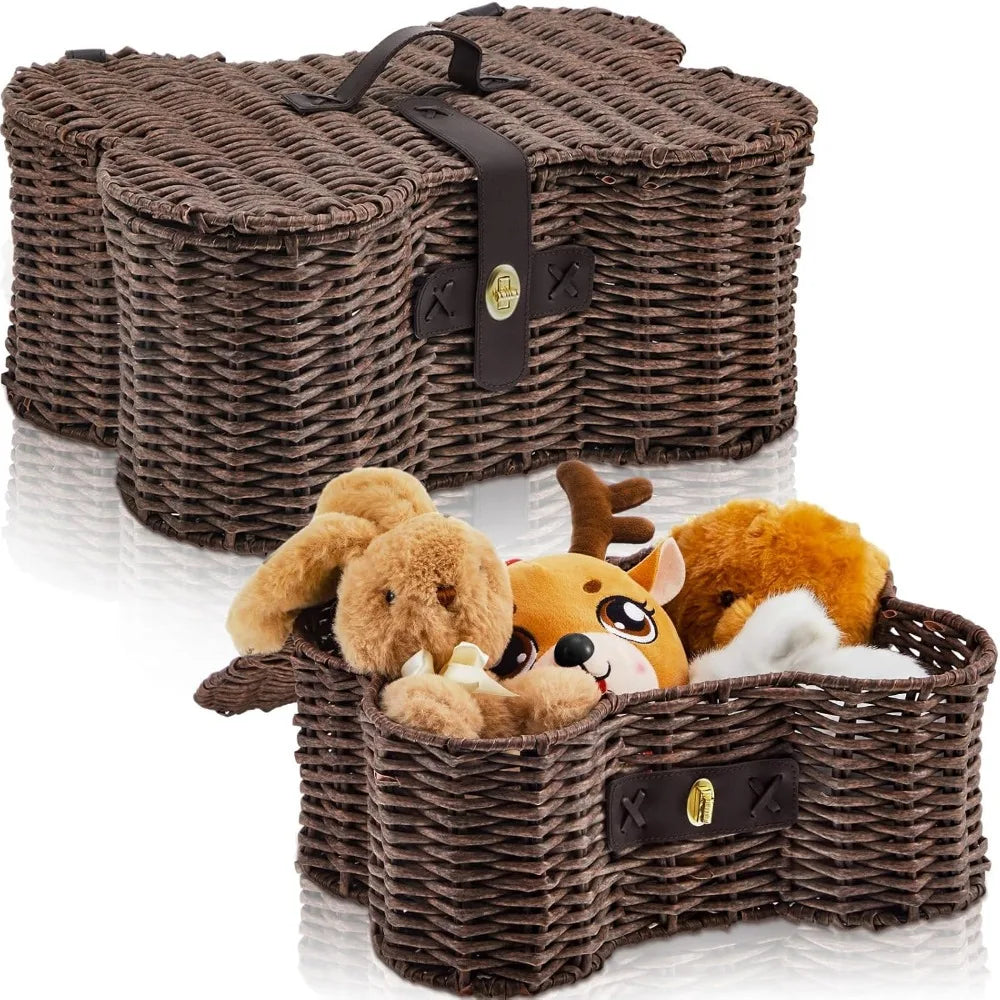2 Set Large Small Dog Toy Basket with Lid Bone Shaped Basket for Dog Natural Wicker Woven Handmade Pet Puppy Toy Organizer and