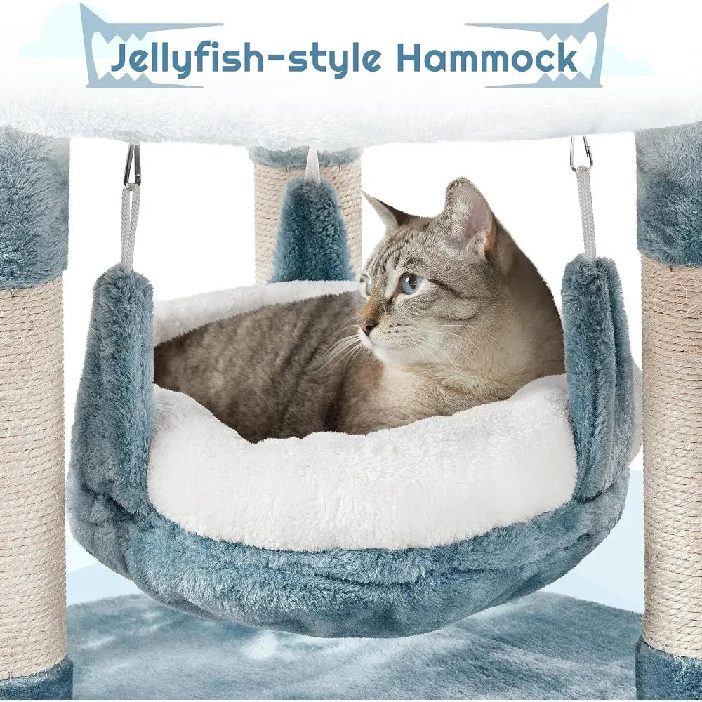 Cat Tree Multi-Level Cat Tower, Plush Furniture with Shark's Mouth-Shaped Nest, Sea Star-Shaped Perch, Jellyfish-Style Hammock