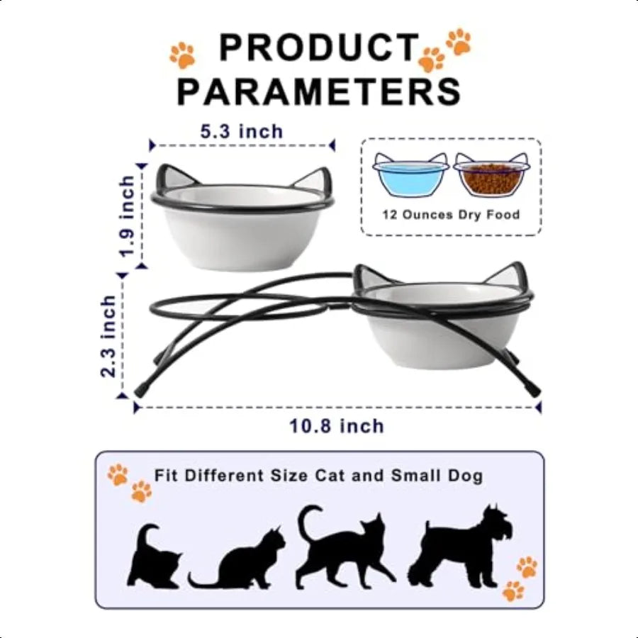 Cat Food Bowls 12 oz Raised Cat Bowls for Food and Water Ceramic Elevated Pet Dishes Bowls with Stand Cats and Small Dogs Dishw