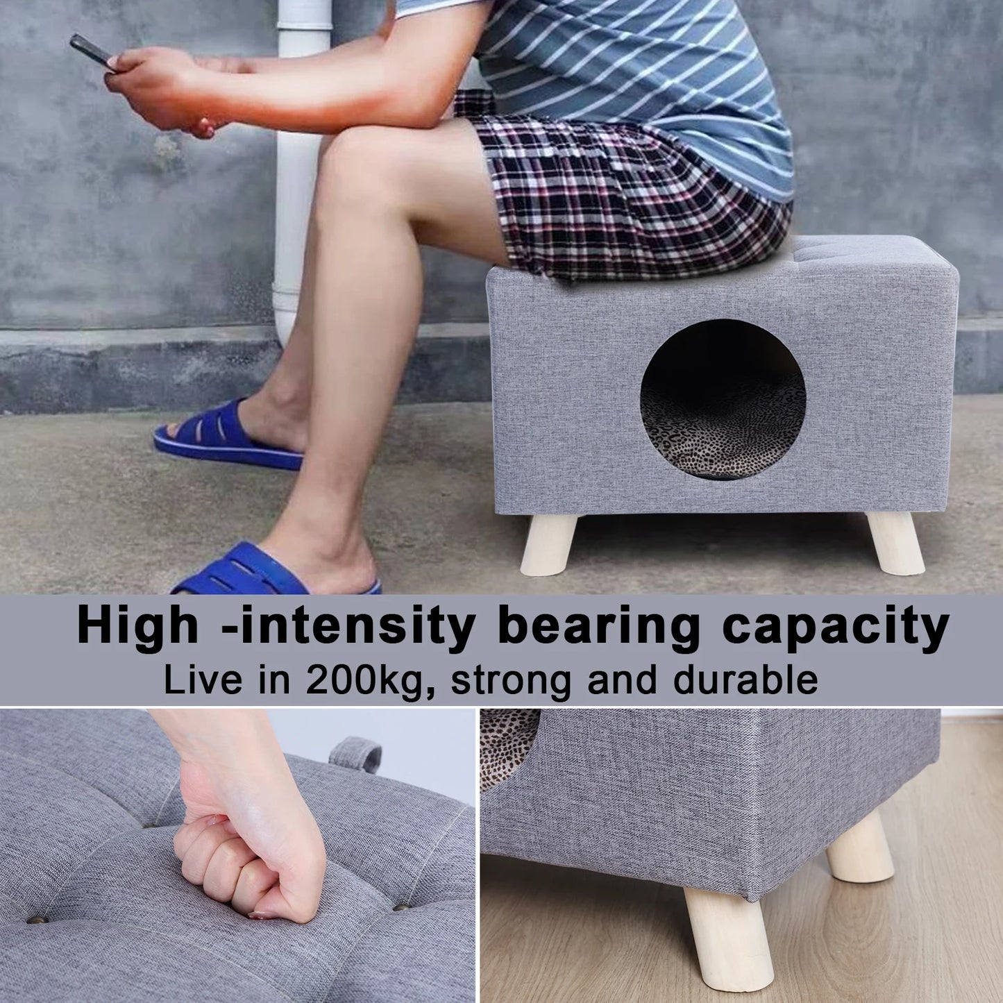 Cat Nest, Pet House Bench, Wood Pet House Cat Cave with Mat, Pet House Foot Rest Stool with Cushion, Cube House for Cats dogs