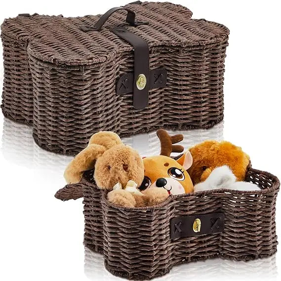 2 Set Large Small Dog Toy Basket with Lid Bone Shaped Basket for Dog Natural Wicker Woven Handmade Pet Puppy Toy Organizer and