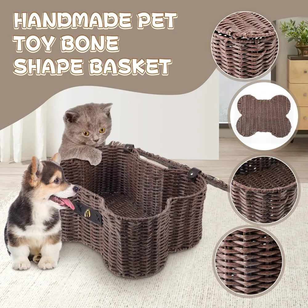 2 Set Large Small Dog Toy Basket with Lid Bone Shaped Basket for Dog Natural Wicker Woven Handmade Pet Puppy Toy Organizer and