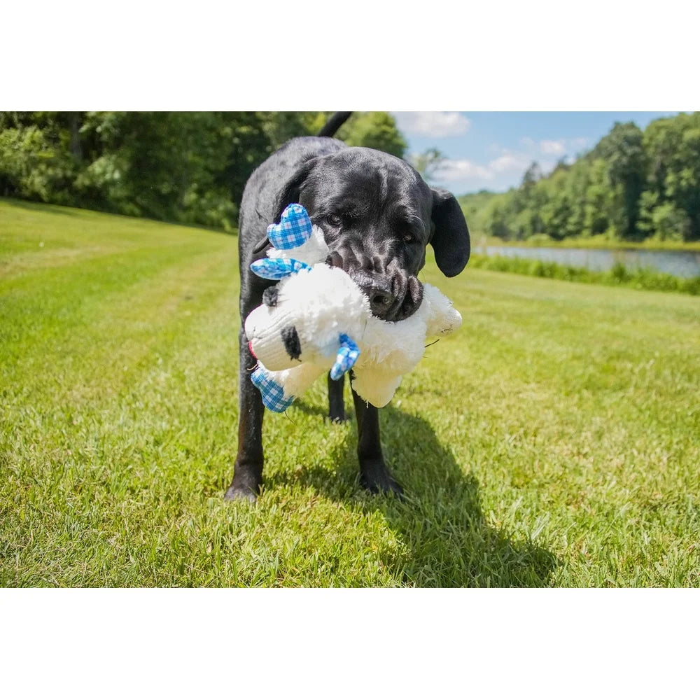 Medium Lamb Chop Dog Toy with Squeaker Blue Plaid Ears and Paws Perfect Fetch Cuddling Playtime Entertainment