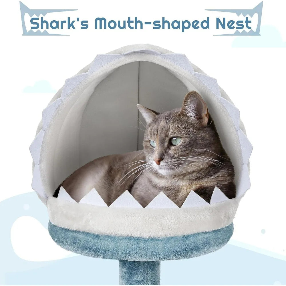 Cat Tree Multi-Level Cat Tower, Plush Furniture with Shark's Mouth-Shaped Nest, Sea Star-Shaped Perch, Jellyfish-Style Hammock