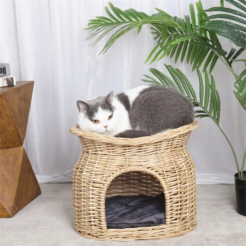 Cat Bed Hand Woven Wicker Bunk Basket 2 Tier Kitten Sleeping Cave Bed Brown and Beige Color with Soft Cushion
