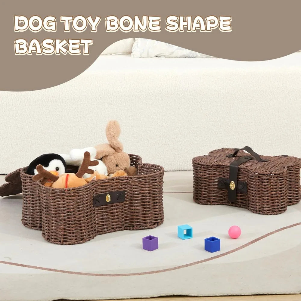 2 Set Large Small Dog Toy Basket with Lid Bone Shaped Basket for Dog Natural Wicker Woven Handmade Pet Puppy Toy Organizer and