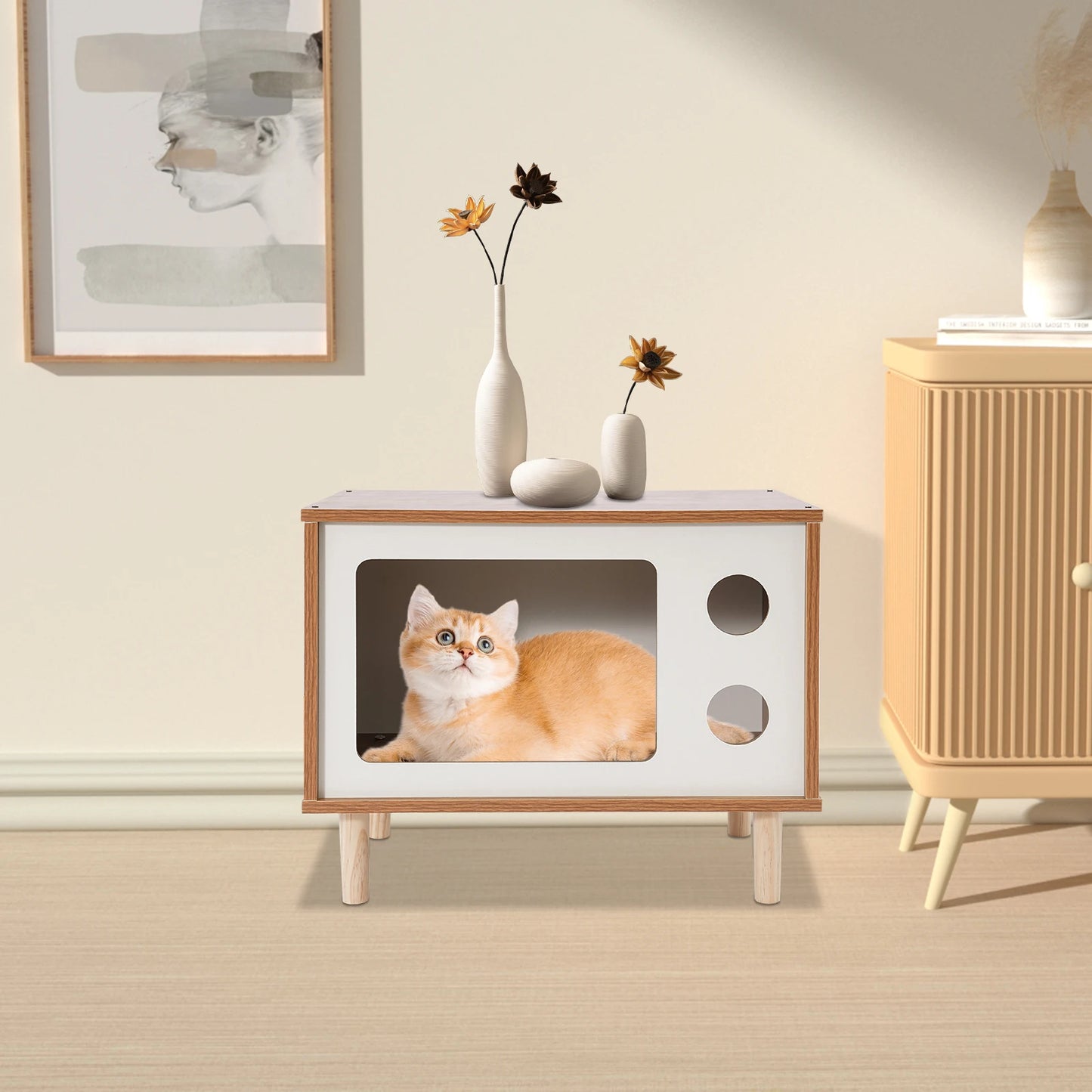 Cat House Wooden TV-Shaped Cat Bed 165.35lbs Load-Capacity Wear-Resistant Odorless 50*29*40cm Cat Condo for Small Pet