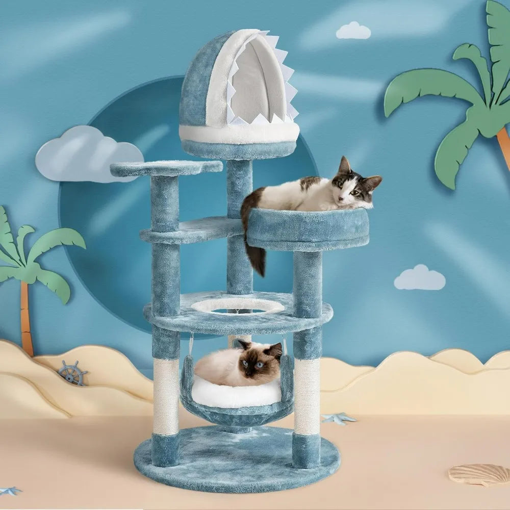 Cat Tree Multi-Level Cat Tower, Plush Furniture with Shark's Mouth-Shaped Nest, Sea Star-Shaped Perch, Jellyfish-Style Hammock