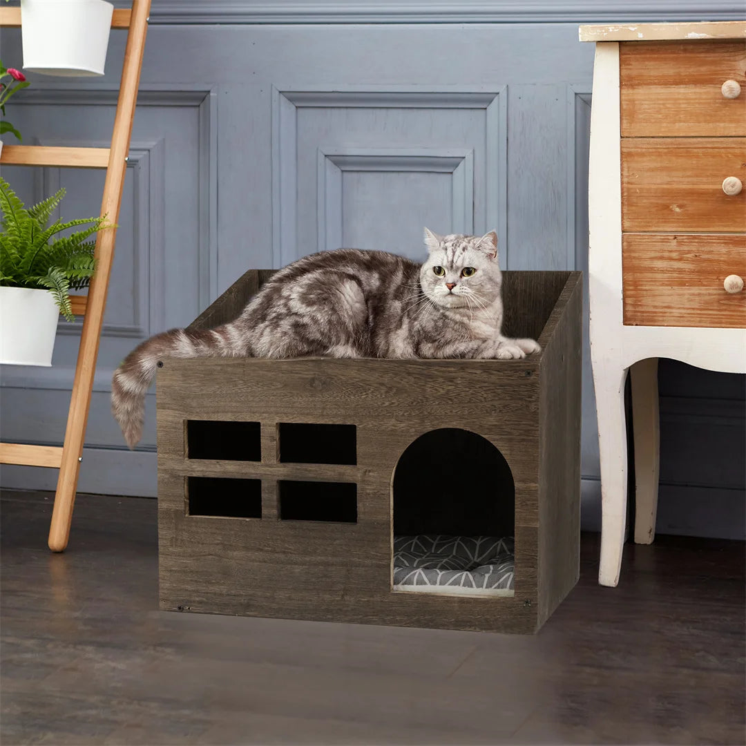 Wooden Cat Cave Bed Furniture Kitten Sleep Lounge House Bed with Cushion Pad Litter Box for Indoor Cats