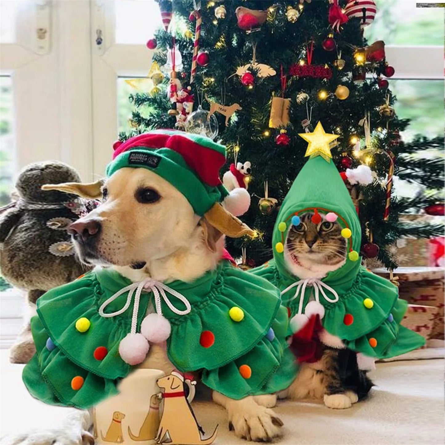 Festive Christmas Tree Costume Cape with Hat and Glitter Star for Cats and Small Dogs - Winter Pet Clothes with Colorful Balls