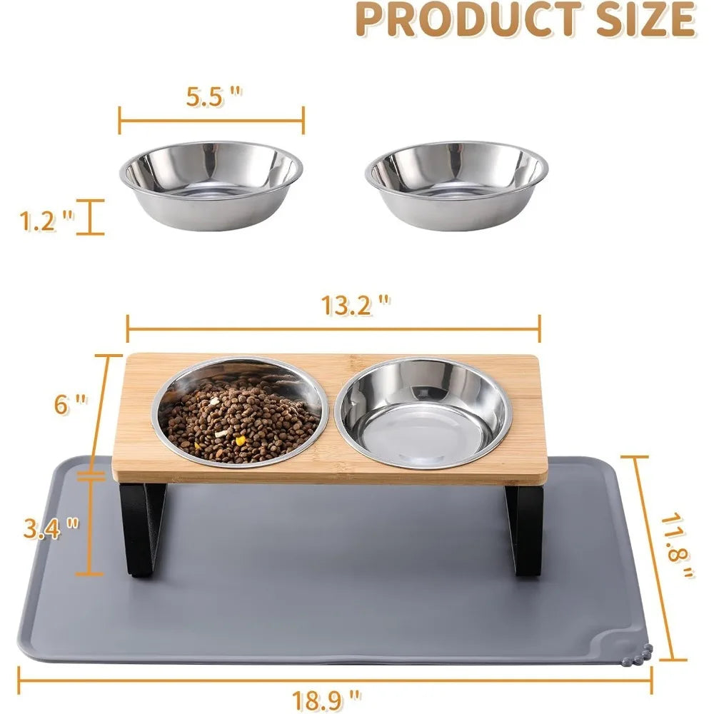 Upgraded Elevated Cat Bowls with Food Mat,15°Tilted Stand Anti Vomiting Raised Cat Dishes for Food and Water,2 Stainless Steel B