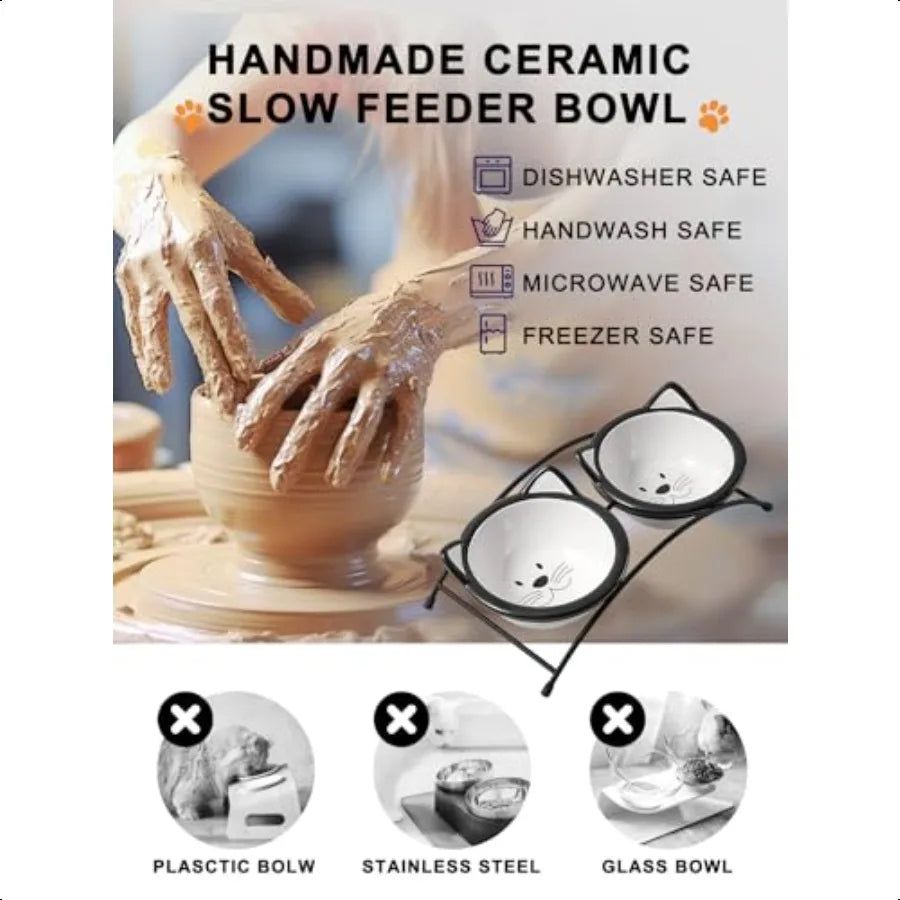 Cat Food Bowls 12 oz Raised Cat Bowls for Food and Water Ceramic Elevated Pet Dishes Bowls with Stand Cats and Small Dogs Dishw