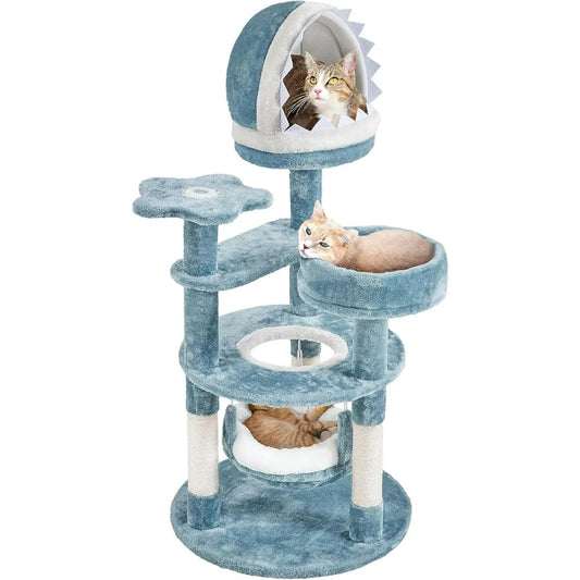 Cat Tree Multi-Level Cat Tower, Plush Furniture with Shark's Mouth-Shaped Nest, Sea Star-Shaped Perch, Jellyfish-Style Hammock