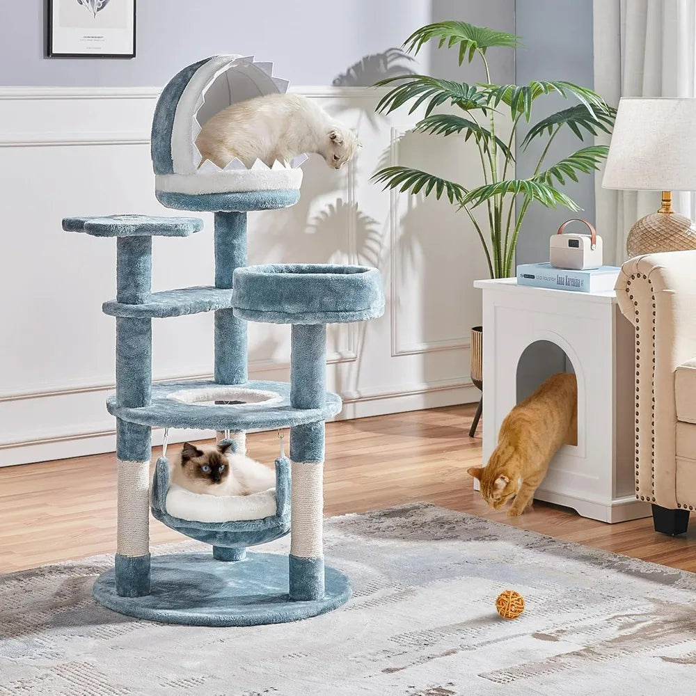 Cat Tree Multi-Level Cat Tower, Plush Furniture with Shark's Mouth-Shaped Nest, Sea Star-Shaped Perch, Jellyfish-Style Hammock