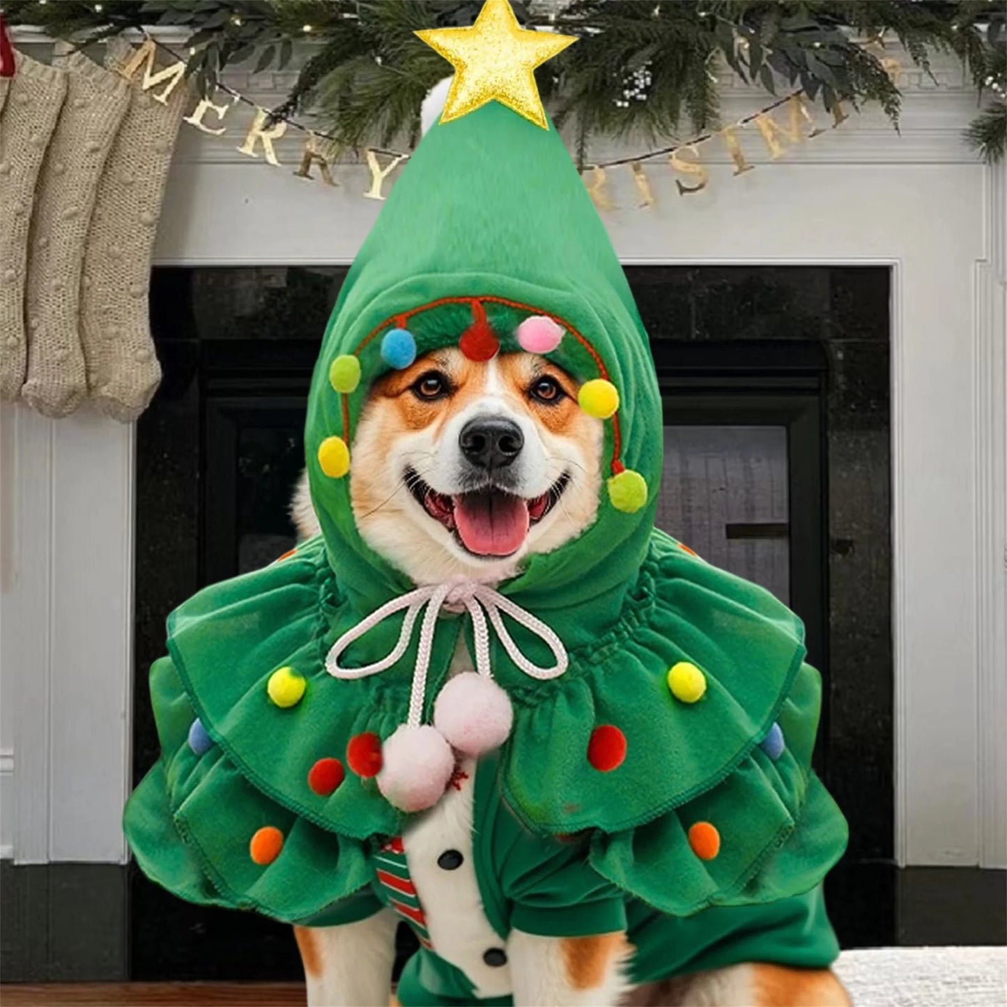 Festive Christmas Tree Costume Cape with Hat and Glitter Star for Cats and Small Dogs - Winter Pet Clothes with Colorful Balls