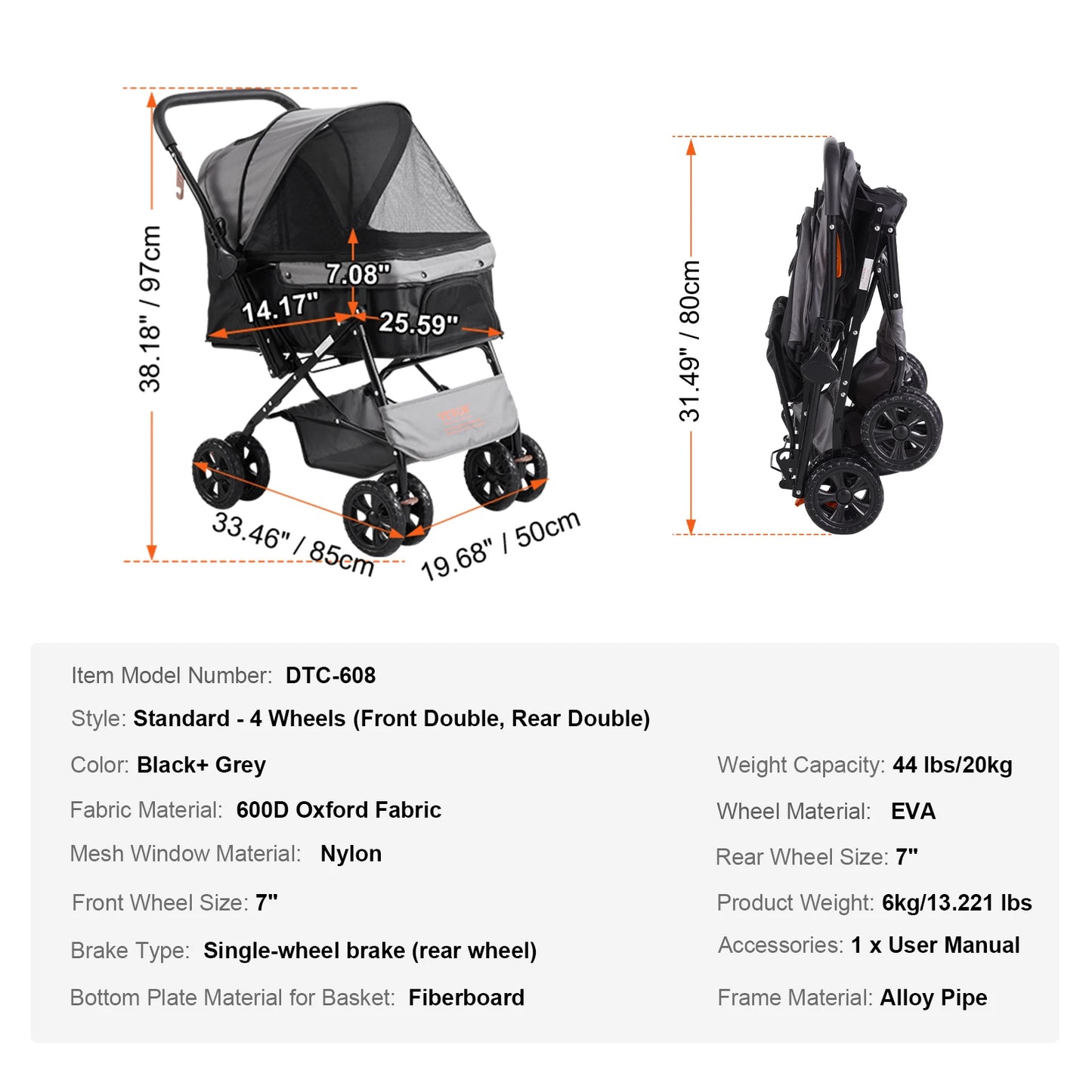 SucceBuy Pet Stroller Carrier Dog Cat Strollers Lightweight Travel Rotate with Brakes Pet Pad Cup Holder for Puppy Accessories